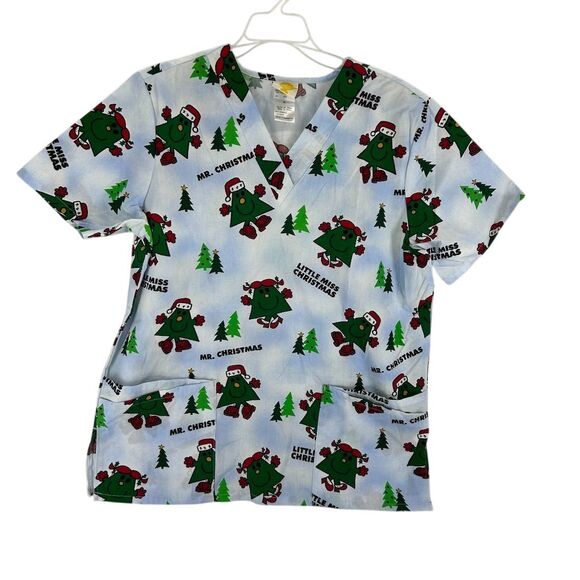 Mr. Men & Little Miss Christmas Scrub Top Unisex Size Medium White Patterned - Picture 1 of 8